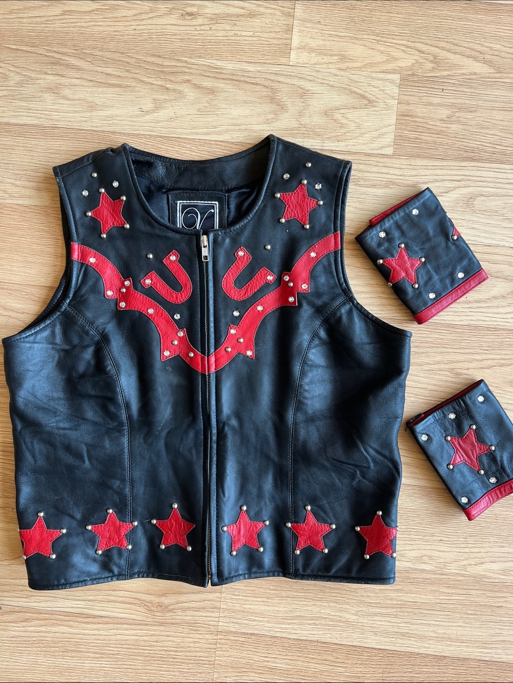 Horse Show/Rodeo Black/Red Leather Vest with Stud/Rhinestone Accents Sz L
